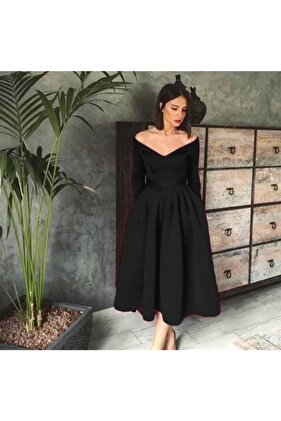 قماش سكوبا أسود - فستان سهرة متوسط الطول بطول الصدر والكتف مع تفاصيل حزام 629