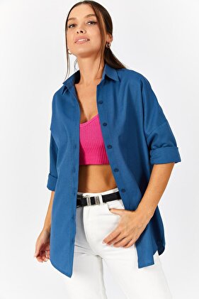 Kadın Lacivert Oversize Uzun Basic Gömlek ARM-22Y001118