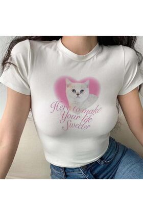Pretty Cat & Heart Baskılı Beyaz Crop