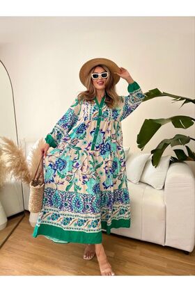 Women's High Collar Buttoned Patterned Dress Oversize Water Green