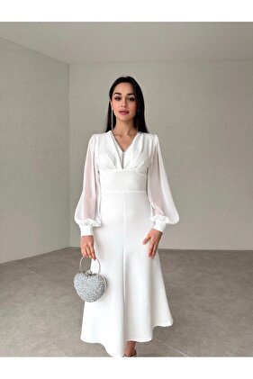 فستان ميدي بياقة مرصعة بالشيفون الأبيض