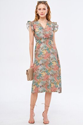 Women's Beige Miden Dress Double Breasted Collar Shoulder Ruffle Detailed Elastic Waist Midi Length ARM-24Y001020