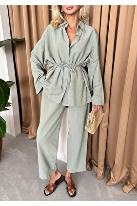 Komplet Koszula i Spodnie Khaki z Szerokimi Rękawami i Ozdobnym Sznurkiem