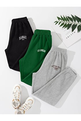 3-Piece Minimal Printed Jogger Sweatpants - Black Nefti Green Gray Elastic Leg High Waist