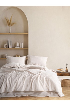 طقم غطاء لحاف من القطن والكتان باللون البيج - مزدوج