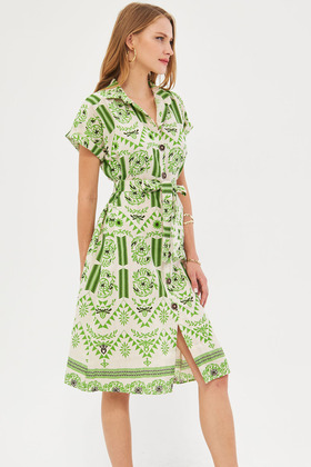 Women's Pistachio Green Patterned Linen Look Belted Waist Short Sleeve Shirt Dress Arm-24Y001108
