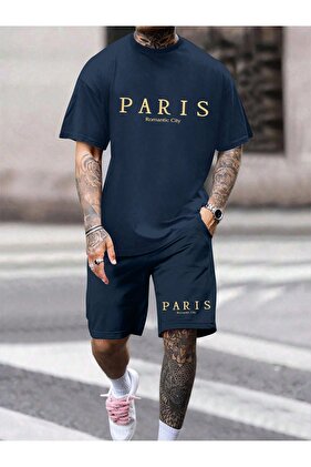 Paris Romantic Oversize Combed Cotton Shorts and T-shirt Set - Navy Blue, Crew Neck