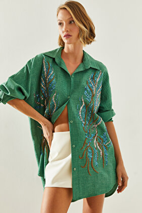 قميص نسائي كبير الحجم منقوش بتطريز أوراق الشجر - 5950 60251480