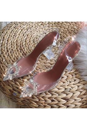 حذاء نسائي من الأميرة باللون الفضي العاري باللون الأبيض الشفاف بكعب عالٍ مرصع بأحجار الراين ومقدمة مدببة