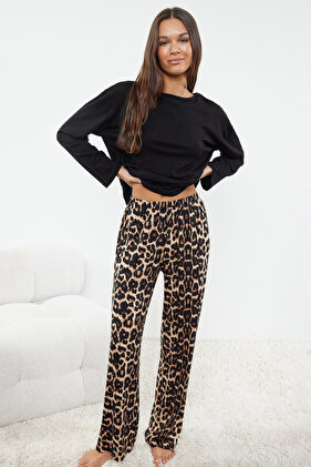 Pijama damă cu imprimeu leopard negru, model tricotat, set THMAW25PT00100