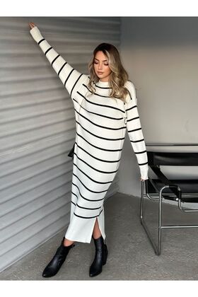Kadın Çizgili Uzun Kol Triko Elbise - Beyaz