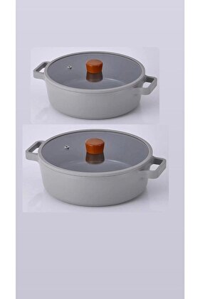 Fika Gray Aluminum Casting Set of 2 Shallow Pilaf Karnıyarık Casserole Set 30 cm and 26 cm
