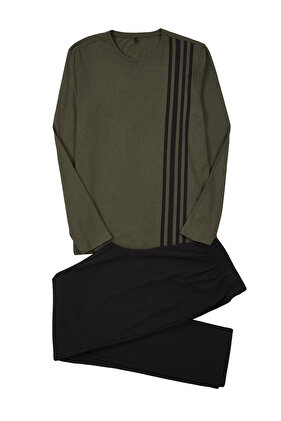 طقم بيجامة محبوكة مخططة باللون الكاكي للرجال - مقاس عادي TMNAW25PT00031