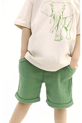 Elephant Stone Color T-shirt Green Muslin Shorts Set TYE0031