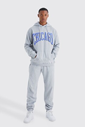 Chicago Tracksuit - Gray Printed Suit Jogger Sweatshirt Rubber Leg Hooded