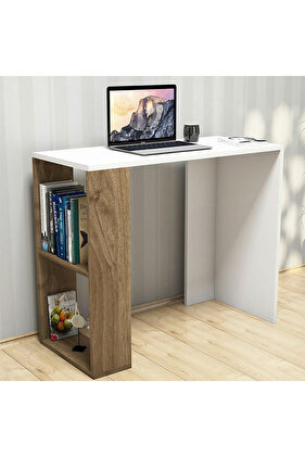 Compact Study and Work Desk with Storage Shelves - Sleek and Functional Design White And Brown