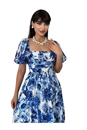 فستان نسائي برقبة مربعة مزين بالزهور باللون الأزرق مع أكمام بالون