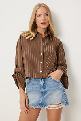 Brown Thin Striped Linen Crop Shirt - DM00140