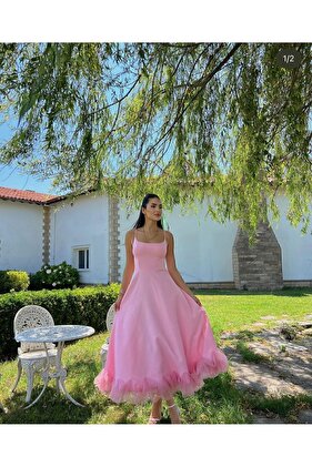 تنورة نسائية من التول بتفاصيل أشرطة فستان سهرة متوسط الطول