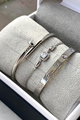 خاص بالعيد - طقم سوار نسائي فضي اللون مكون من 3 قطع