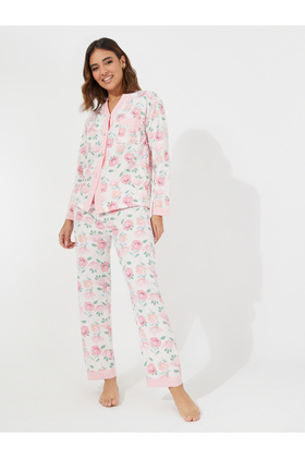 Floral Print Button Placket Shirt & Pyjama Set