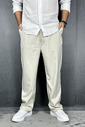 Linen Baggy Pants - Men's, Cream, Summer, Elastic Waist