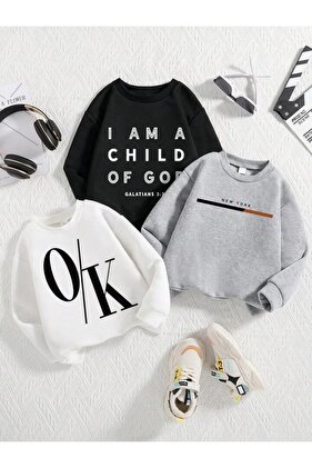 سويت شيرت للأولاد والبنات مكون من 3 قطع بطبعة باريس باللونين الأسود والرمادي والأبيض - رقبة دائرية