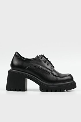 KADIN SİYAH HAKİKİ DERİ BAĞCIKLI TOPUKLU OXFORD AYAKKABI