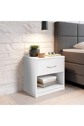 Modern White Nightstand with Drawer and Shelf Storage - Stylish and Compact Side Table