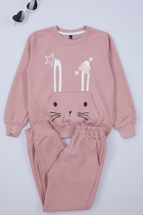 طقم سويت شيرت وسروال رياضي بناتي من القطن بطبعة أرنب - TKDAW25AU00027