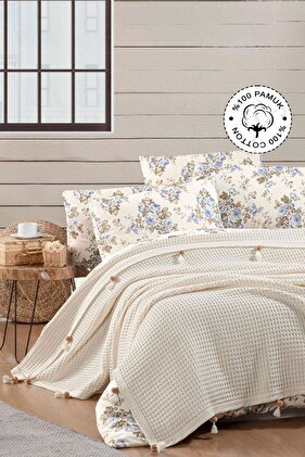 مفرش سرير مزدوج من القطن 100% بيكيه، نمط وافل، بيكيه كريمي مع بوم بوم