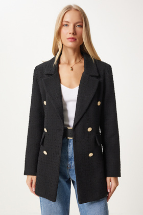 سترة نسائية سوداء بأزرار من التويد WF00004