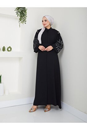 Black Stone Detailed Women's Abaya Ferace