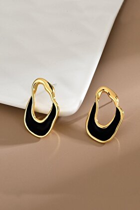 Asymmetric Black Enameled Gold Color Earrings
