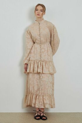 Beige Floral Tulle Patterned Dress