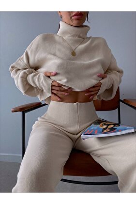 Magas derekú ujjbetétes kötöttáru Crop öltöny - Ecru