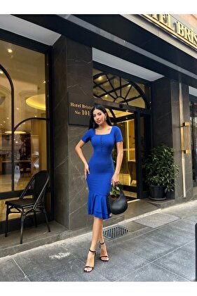 Saks Blue Women's Midi Evening Dress - Square Collar, Short Sleeve, Button Detail, Double Flywheel