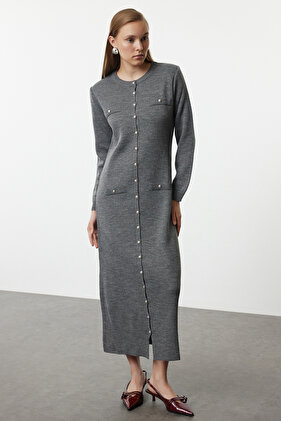 Knitwear Anthracite Buttoned Dress - TCTAW25EB00069