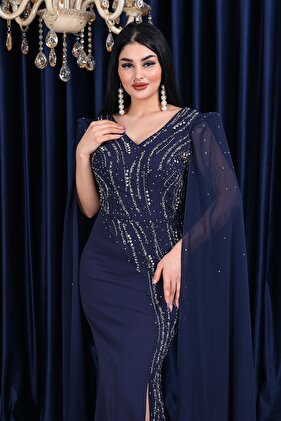 فستان سهرة شيفون بقصة منخفضة على شكل حرف V - فستان مرصع باللؤلؤ والأحجار