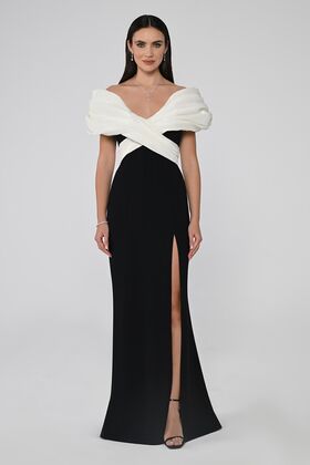 Black-White Women's Evening and Homecoming Dress - Off Shoulder, Deep Slit, Long AB6638-BLACK/BEY