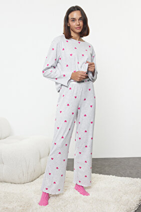Gray Melange Slogan Printed Heart Pajama Set - Elastic Thmaw25Pt00045