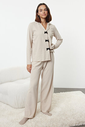 طقم بيجامة محبوكة باللون البيج بنقشة الوافل - THMAW25PT00195