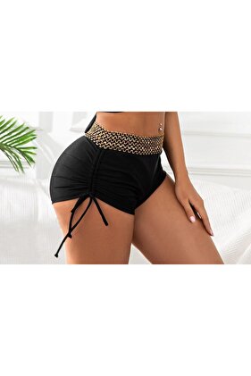 Kadın Siyah Beli Kurdele Nakış Lastikli Yanı Büzgülü Mini Deniz Havuz Spor Şort Bikini Altı