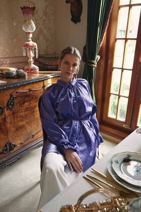 Pleated Sleeves Purple Shirt