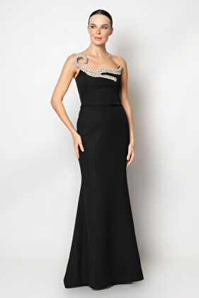 Strapless Crepe Evening Dress - Collar with Ribbon Stone Accessories