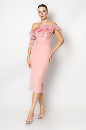 Strapless Crepe Evening Dress with Gradient Collar