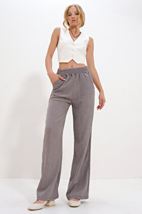 بنطال نسائي عالي الخصر من فرو المنك بأرجل واسعة - ALC-X12712