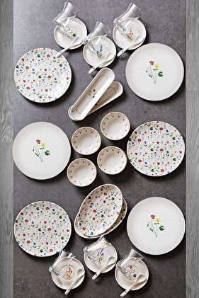 طقم صحون إفطار من البورسلان بلون أبيض وتصميم ورود أزيليا حزمة من 32 قطعة لـ 6 أشخاص