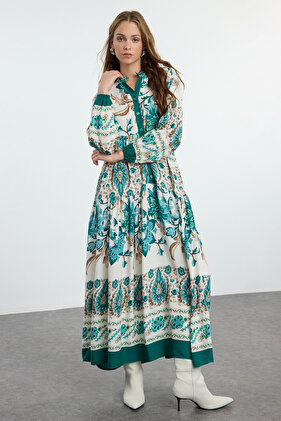 Green Floral Patterned Viscose Dress - TCTSS24EB00221