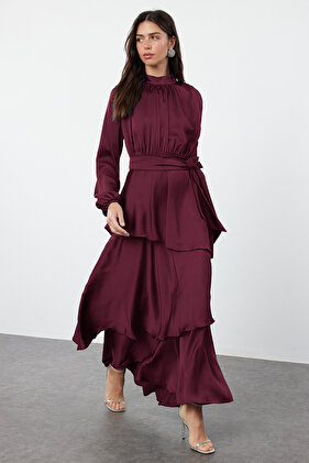 Burgundy Skirt Tiered Satin Woven Evening Dress Tctss24Db00050